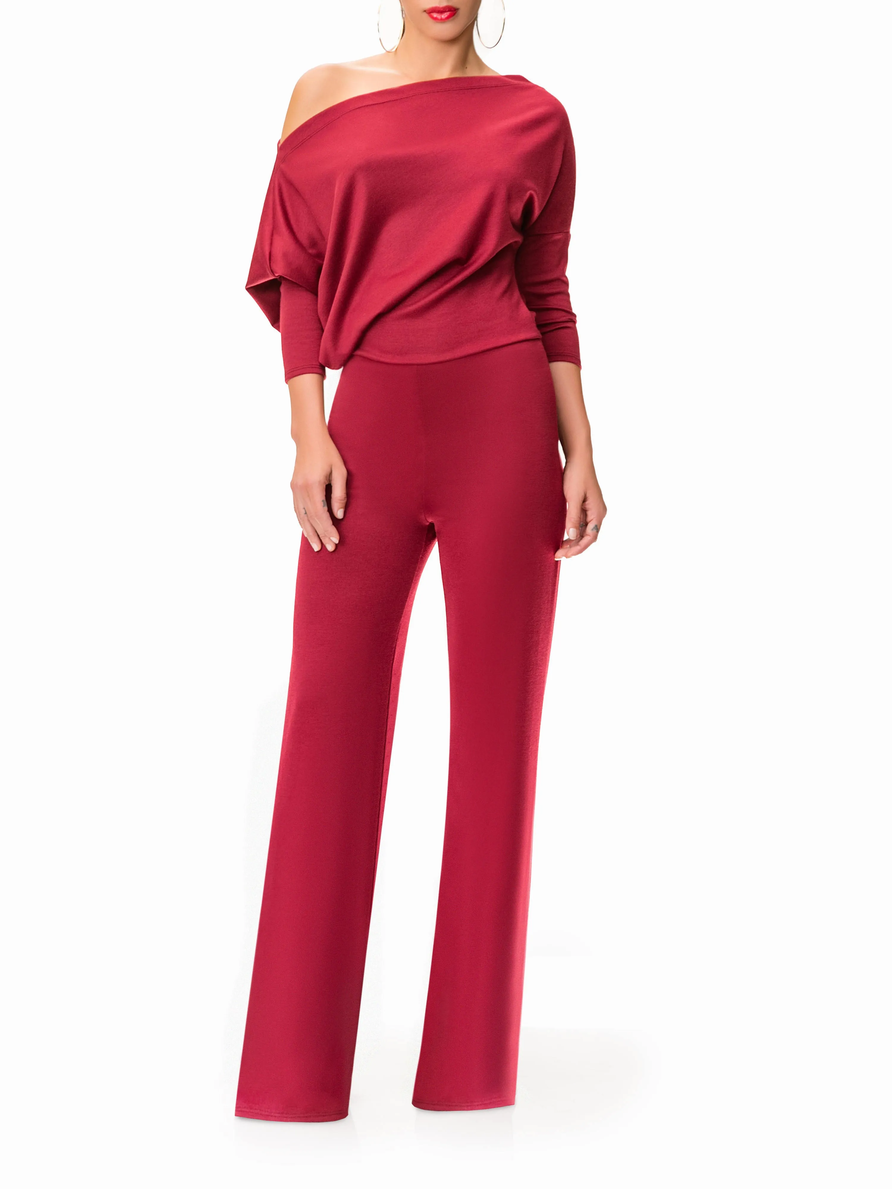 "Cleopatra" Off Shoulder Burgundy Jumpsuit