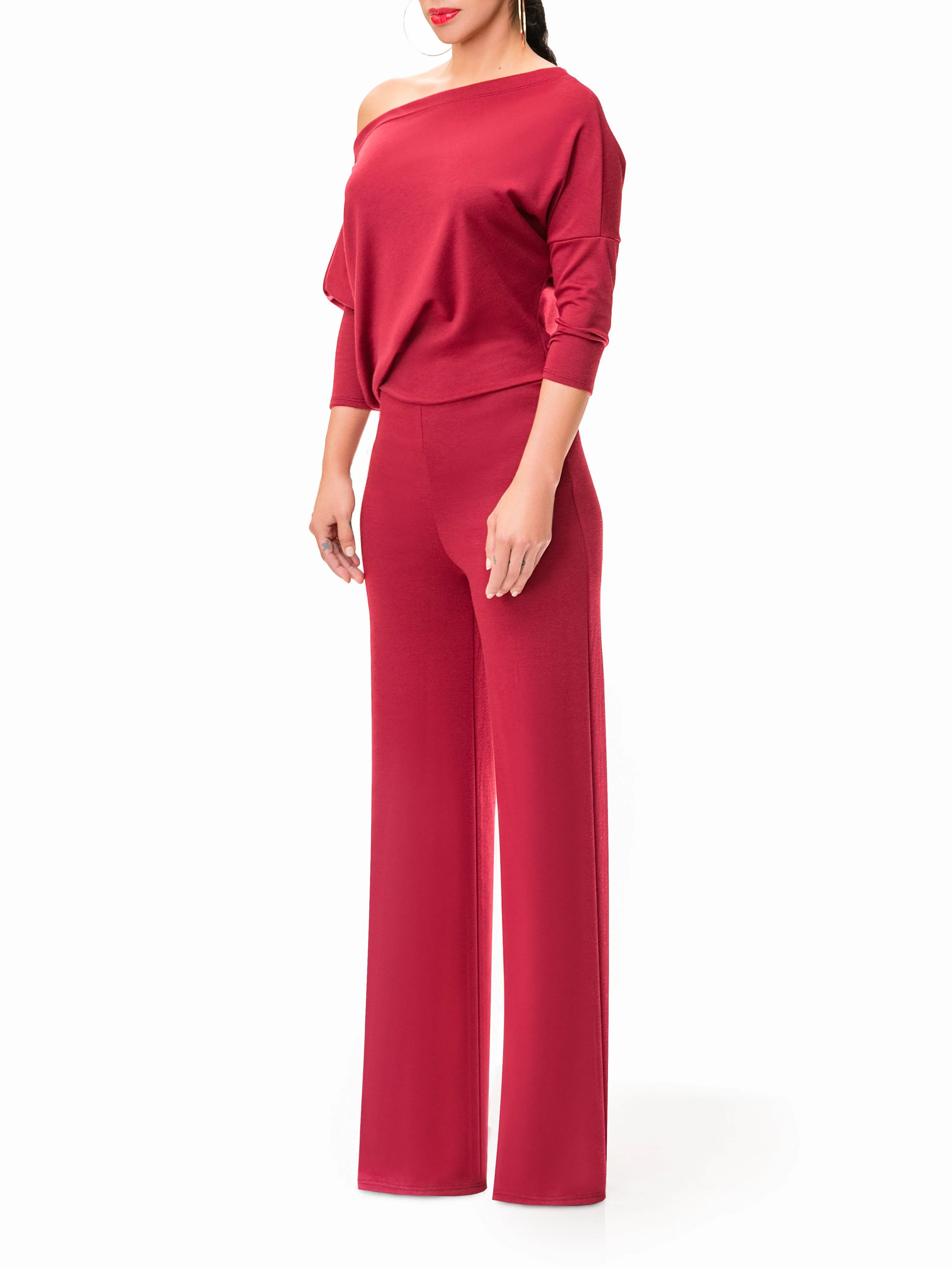 "Cleopatra" Off Shoulder Burgundy Jumpsuit