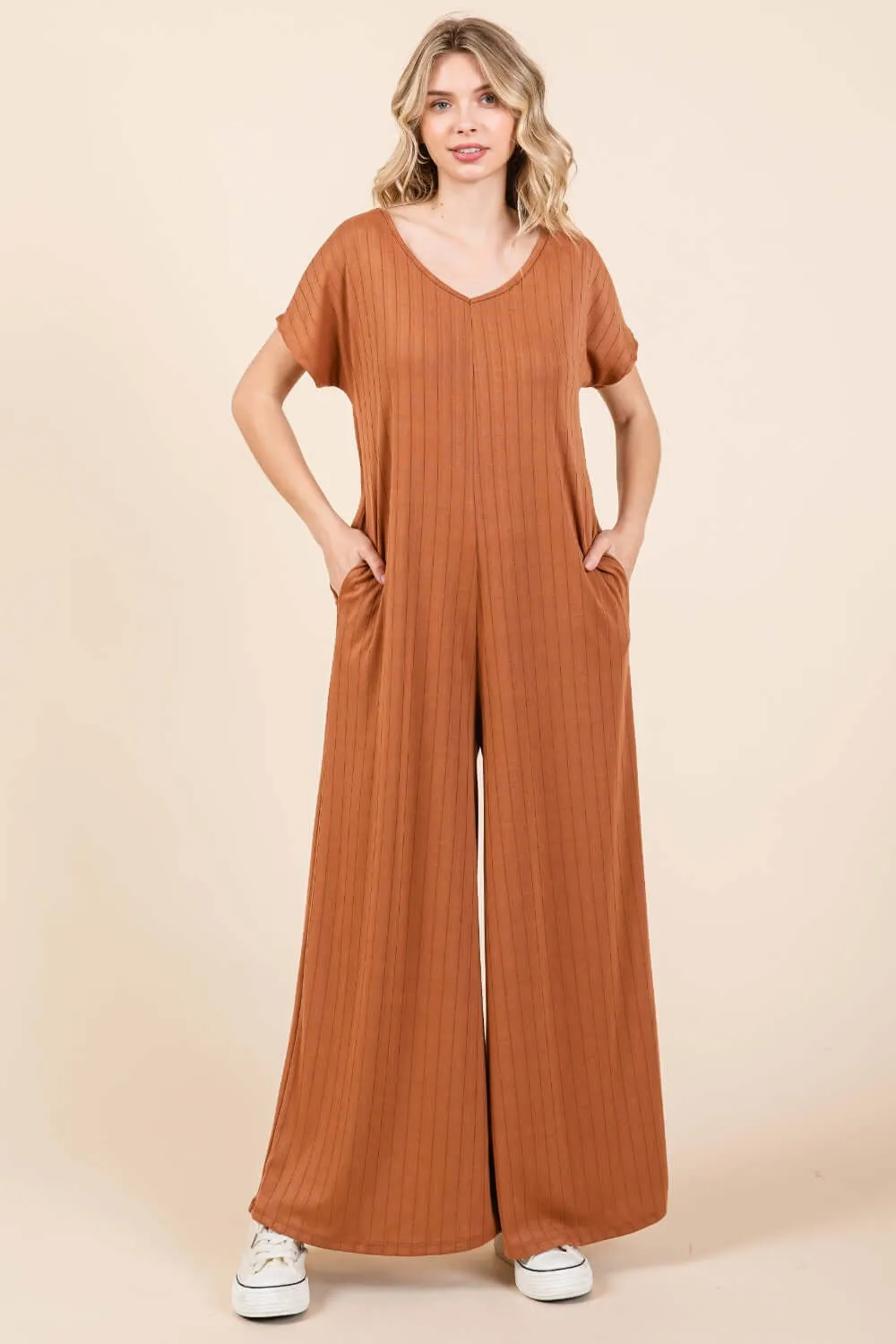 Ribbed Short Sleeve Wide Leg Jumpsuit