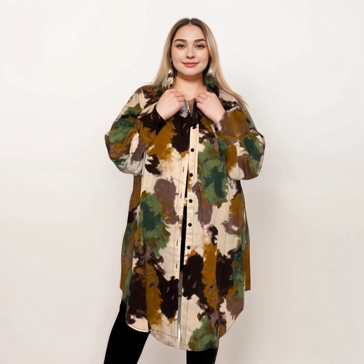 ROCKTHOSECURVES KHAKI BROWN CREAM TIE DYE SHIRT DRESS WITH COLLAR