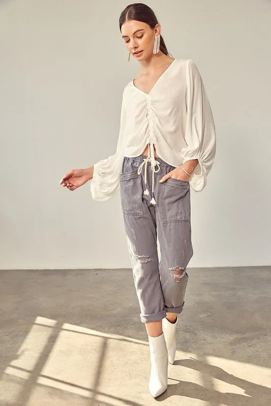 Ruched Tie Front Crop Top