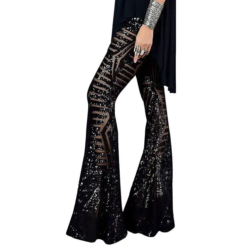 Sequin Glitter High Waist Wide Leg Long Flare Pants