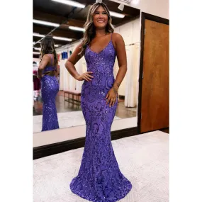 Sexy & Sparkly Spaghetti Straps V-Neck Sheath Backless Sequins Evening Party Prom Dress