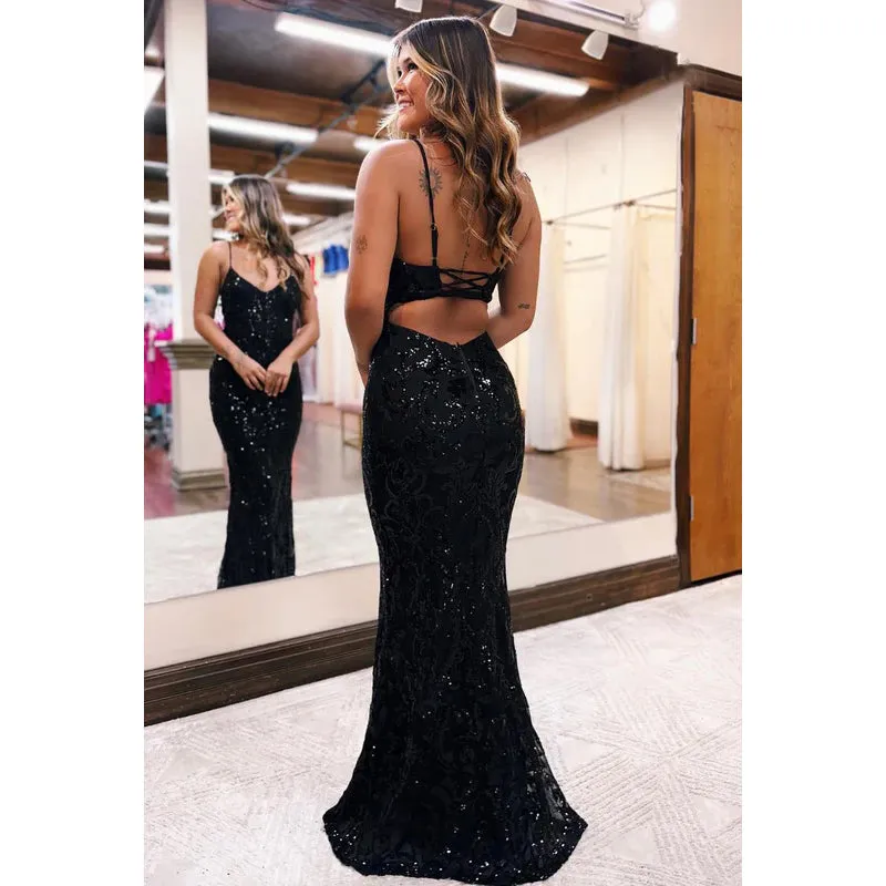 Sexy & Sparkly Spaghetti Straps V-Neck Sheath Backless Sequins Evening Party Prom Dress