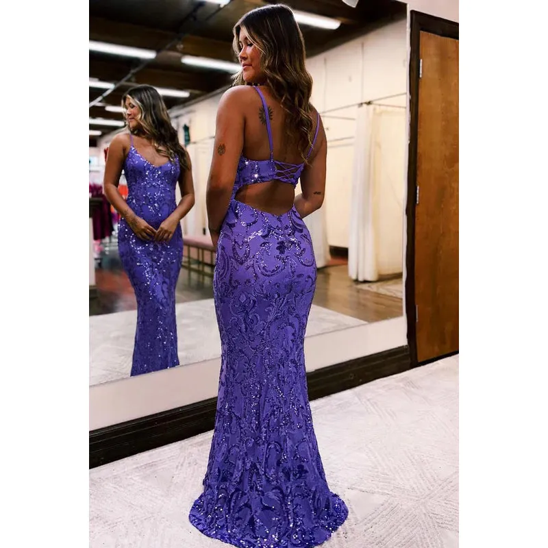 Sexy & Sparkly Spaghetti Straps V-Neck Sheath Backless Sequins Evening Party Prom Dress