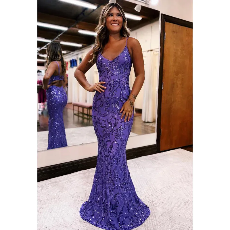 Sexy & Sparkly Spaghetti Straps V-Neck Sheath Backless Sequins Evening Party Prom Dress