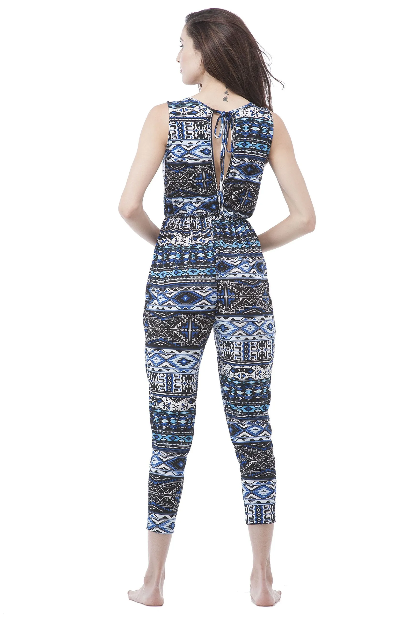 Sleeveless Aztec print deep v necck and back jumpsuit