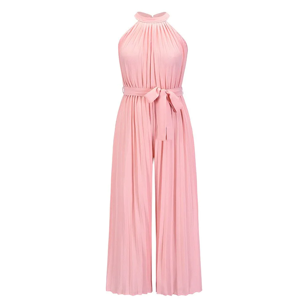 Solid Color Pleated Ruched Party Jumpsuit Women Elegant Halter Summer Autumn Sleeveless Office Playsuit  Wide Leg Pants Rompers