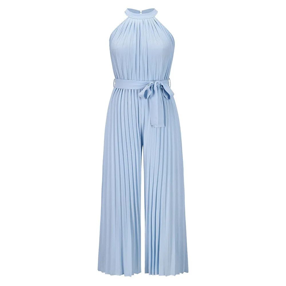 Solid Color Pleated Ruched Party Jumpsuit Women Elegant Halter Summer Autumn Sleeveless Office Playsuit  Wide Leg Pants Rompers