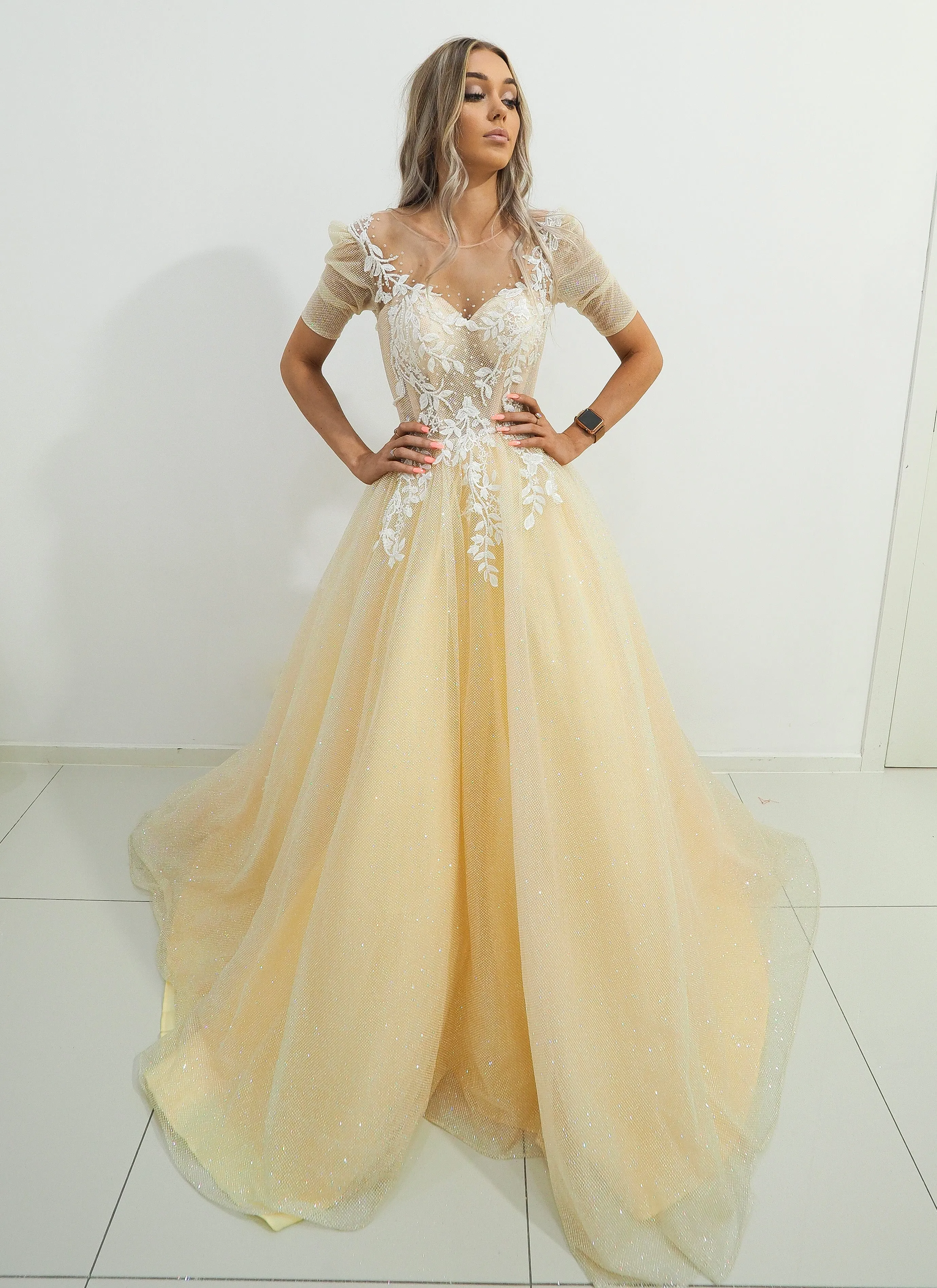 Sparkling light gold tulle princess dress with sleeves for hire