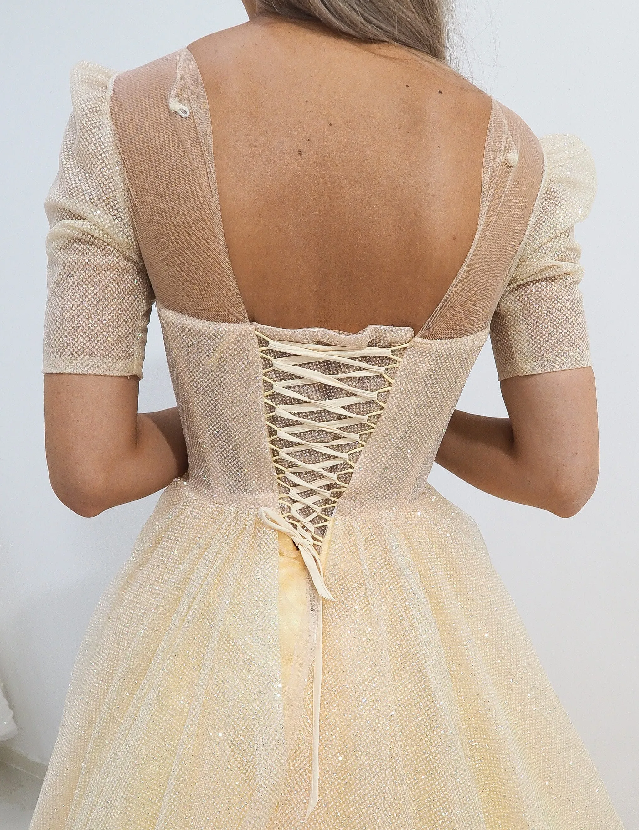 Sparkling light gold tulle princess dress with sleeves for hire