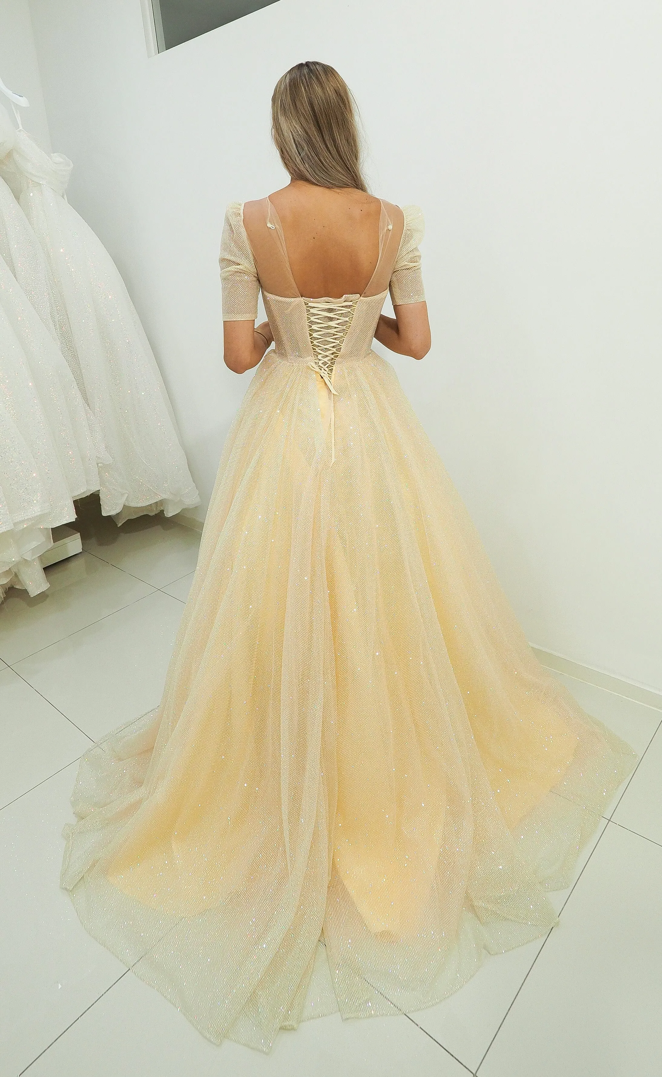 Sparkling light gold tulle princess dress with sleeves for hire