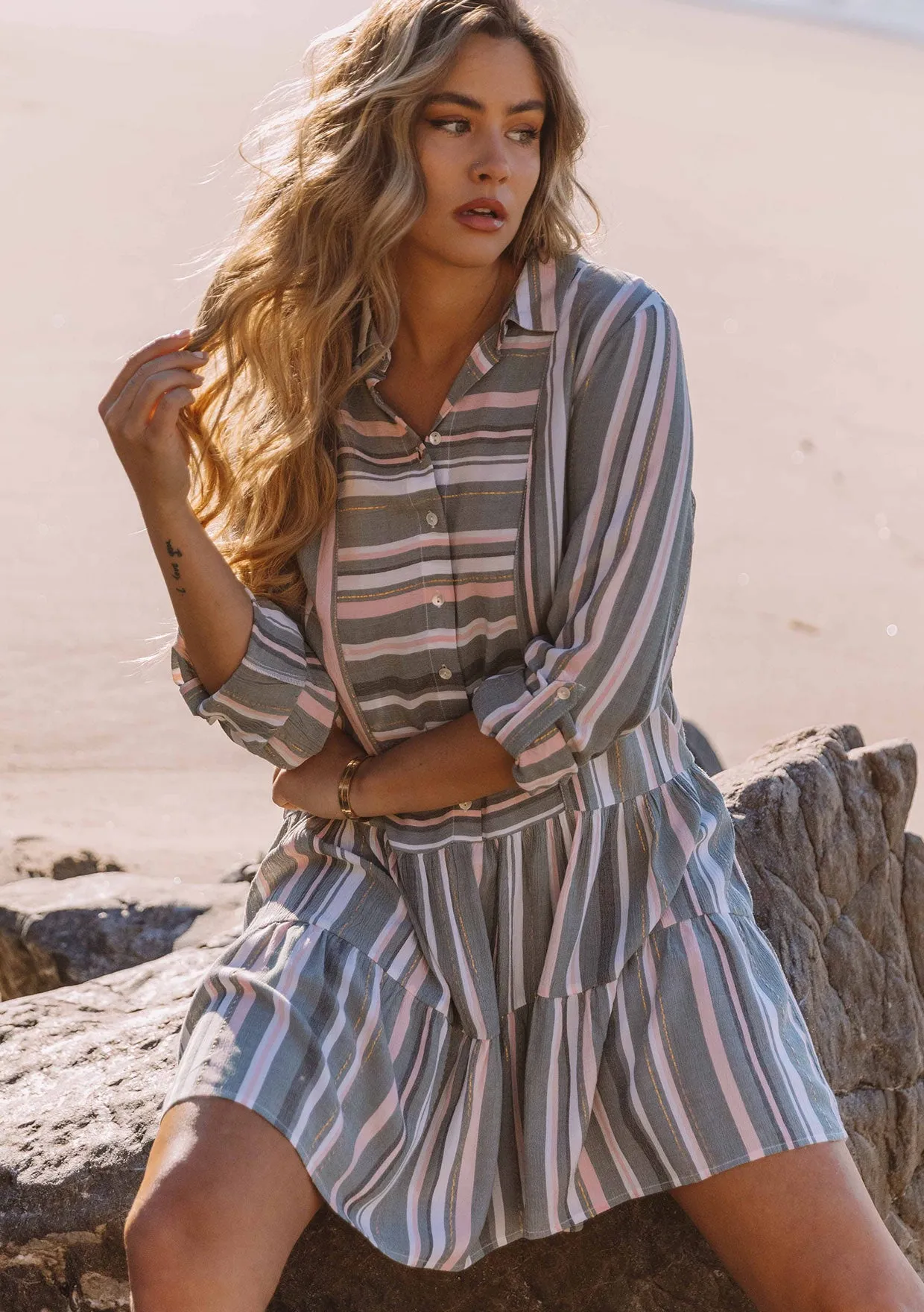 Striped Button Down Tiered Shirt Dress