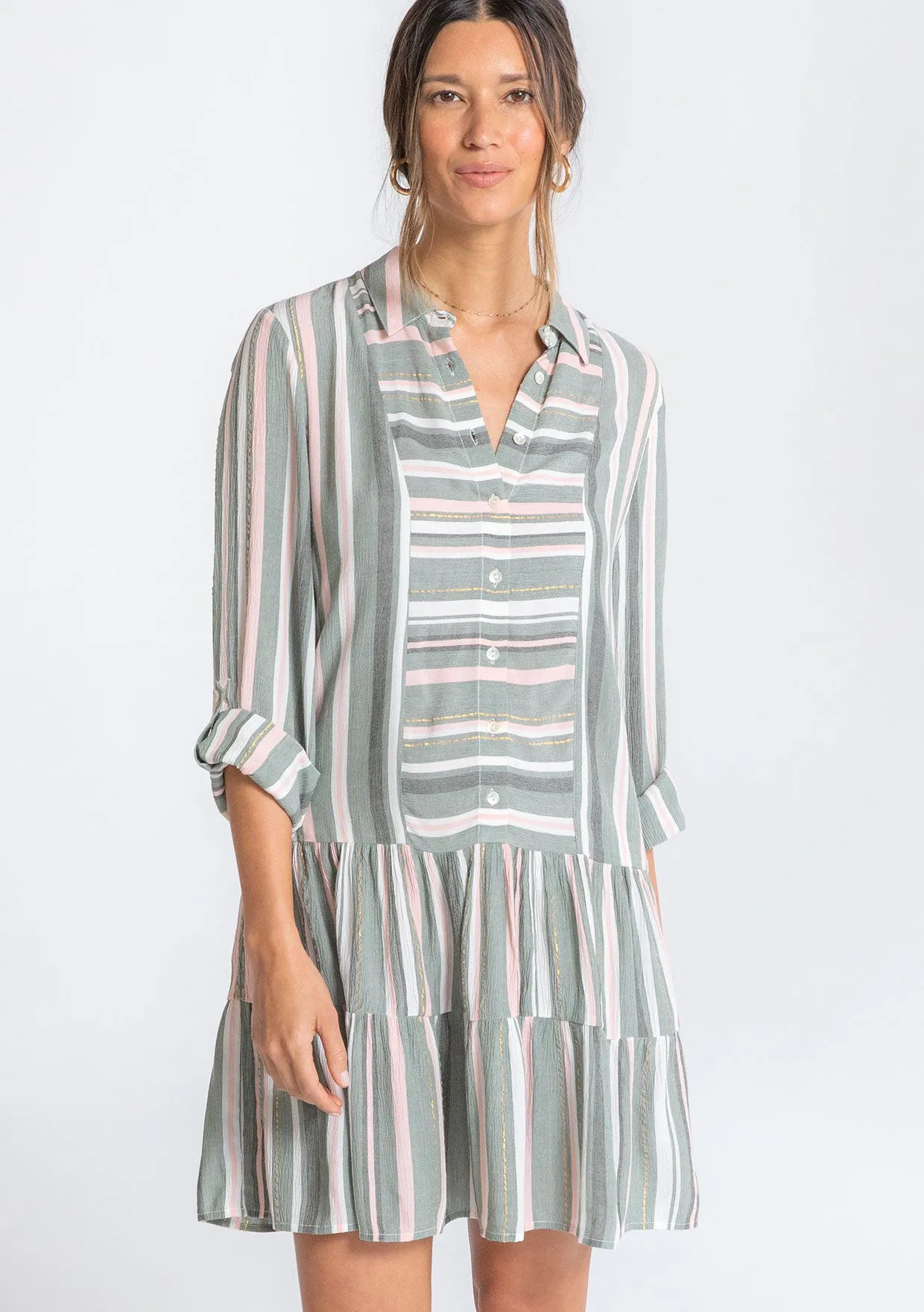 Striped Button Down Tiered Shirt Dress