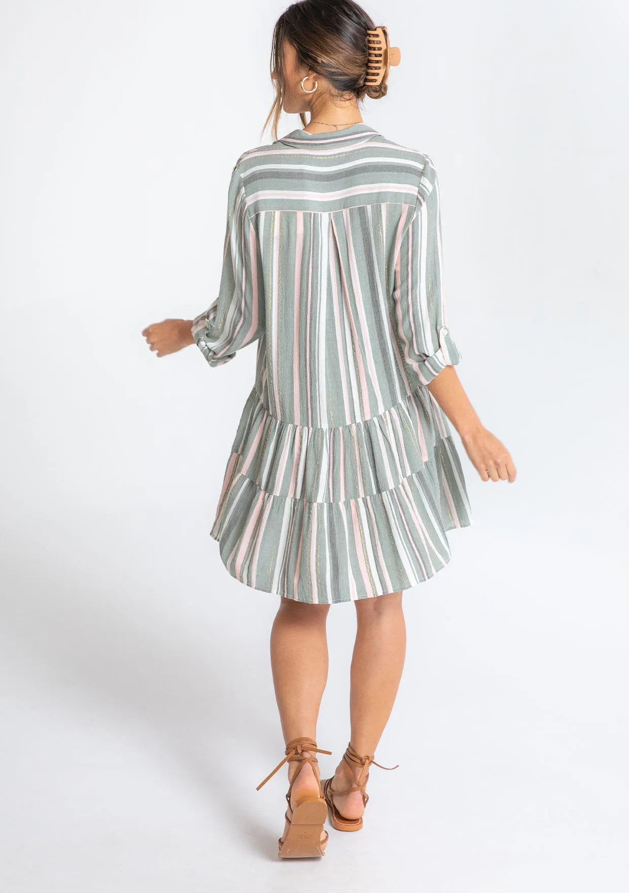 Striped Button Down Tiered Shirt Dress