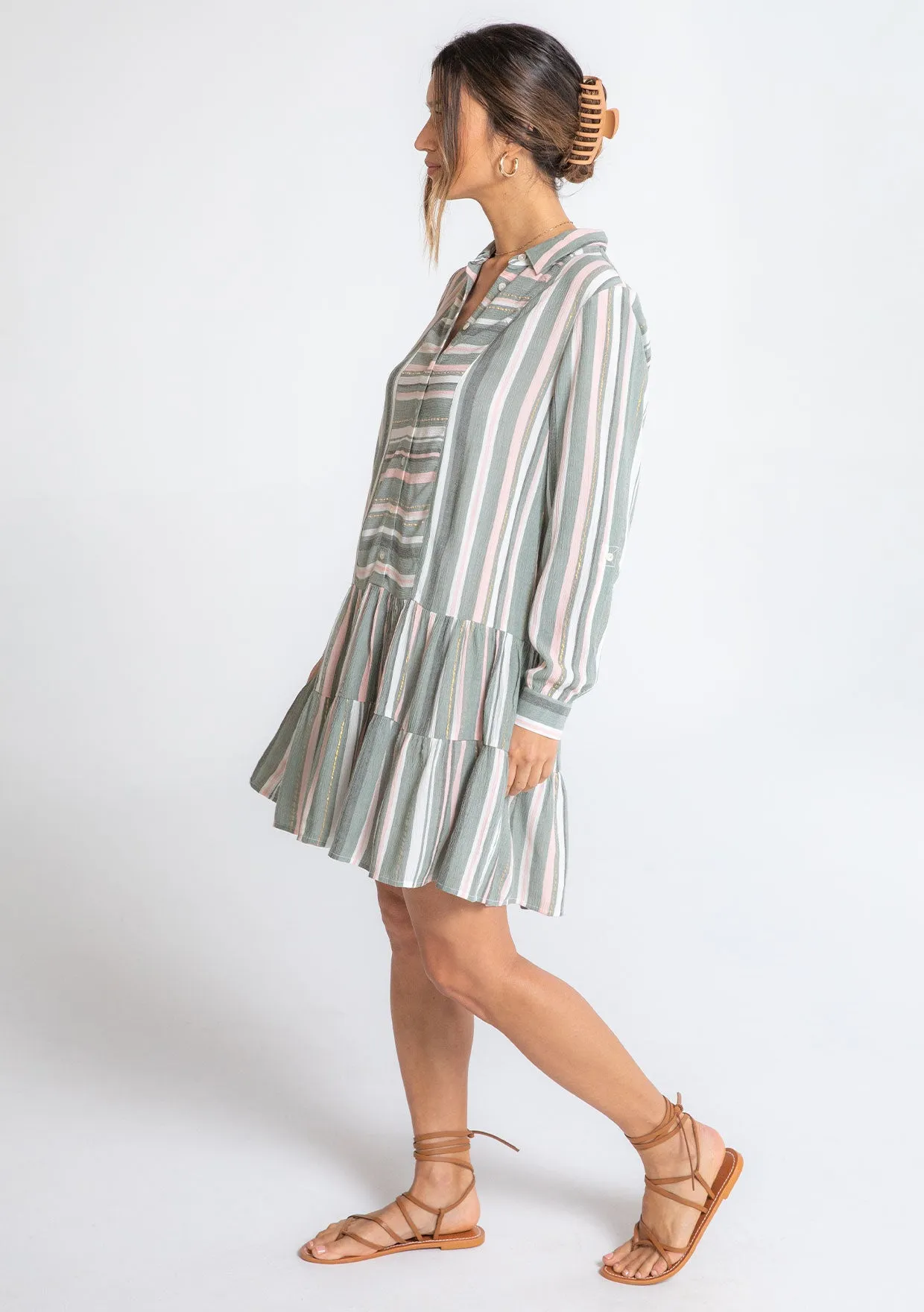 Striped Button Down Tiered Shirt Dress