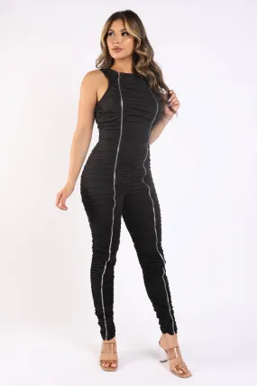 Track Zipper Ruched Jumpsuit BLACK