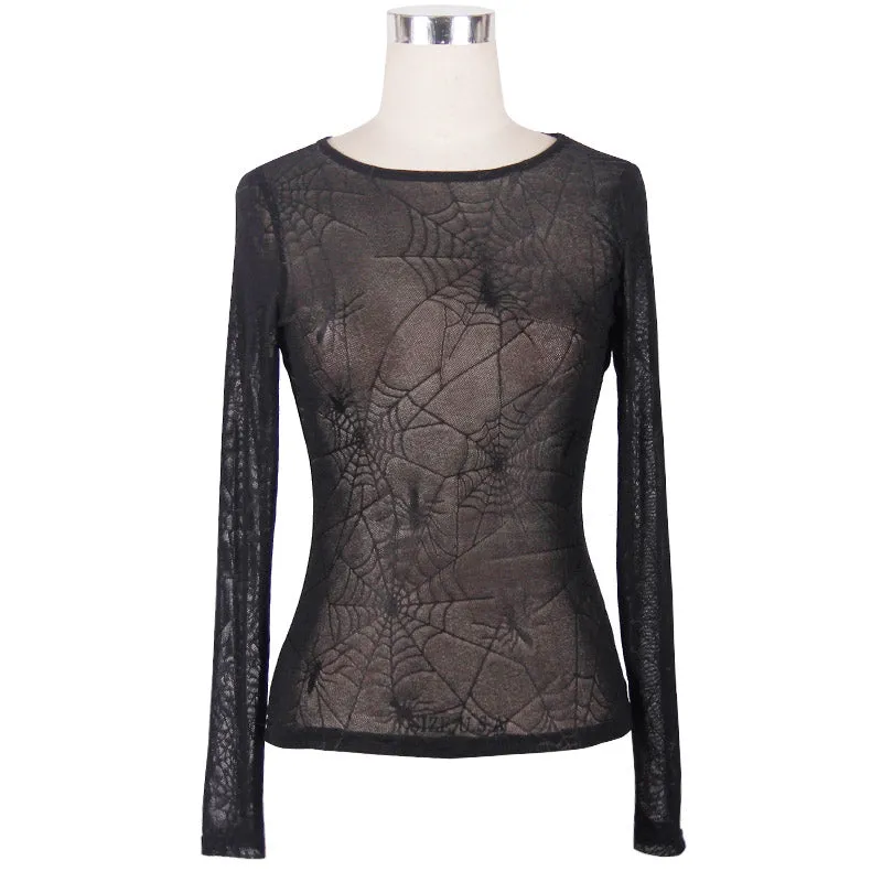 TT031 daily Spider web jacquard classic style round collar long sleeve mesh women T-shirts