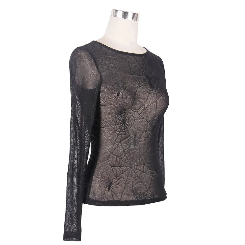 TT031 daily Spider web jacquard classic style round collar long sleeve mesh women T-shirts