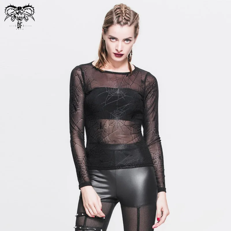 TT031 daily Spider web jacquard classic style round collar long sleeve mesh women T-shirts