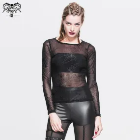 TT031 daily Spider web jacquard classic style round collar long sleeve mesh women T-shirts