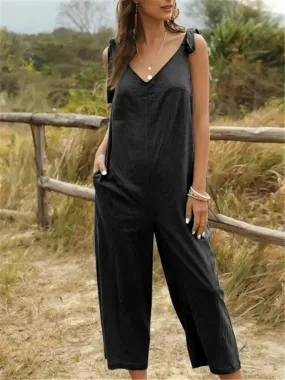 V-neck Solid Color Loose Jumpsuit