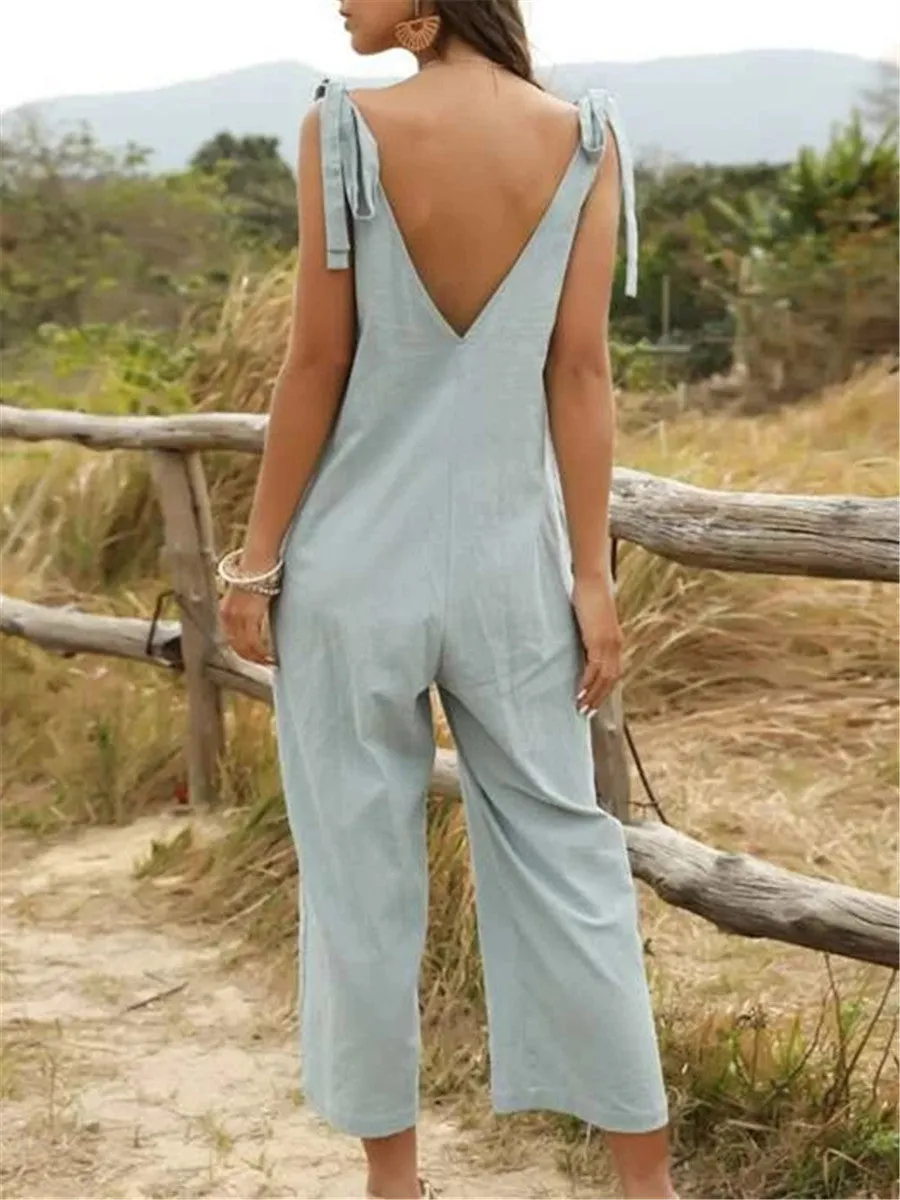 V-neck Solid Color Loose Jumpsuit