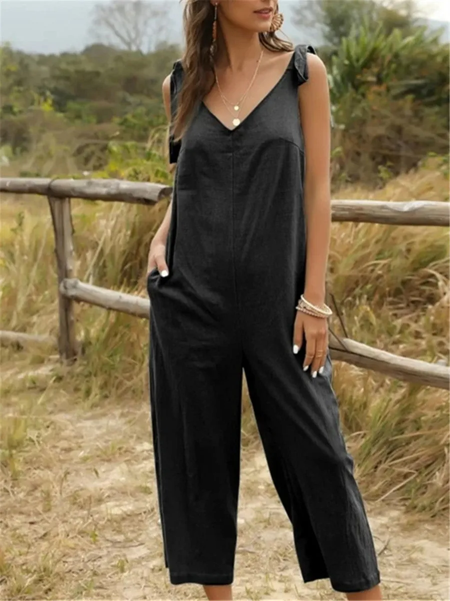 V-neck Solid Color Loose Jumpsuit