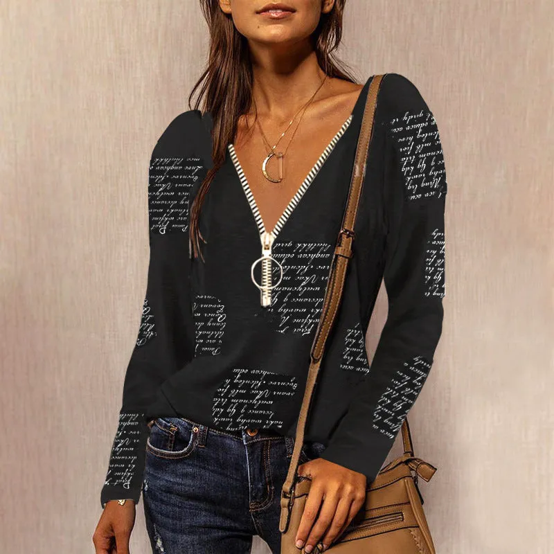V-neck t-shirt with zip and letter print