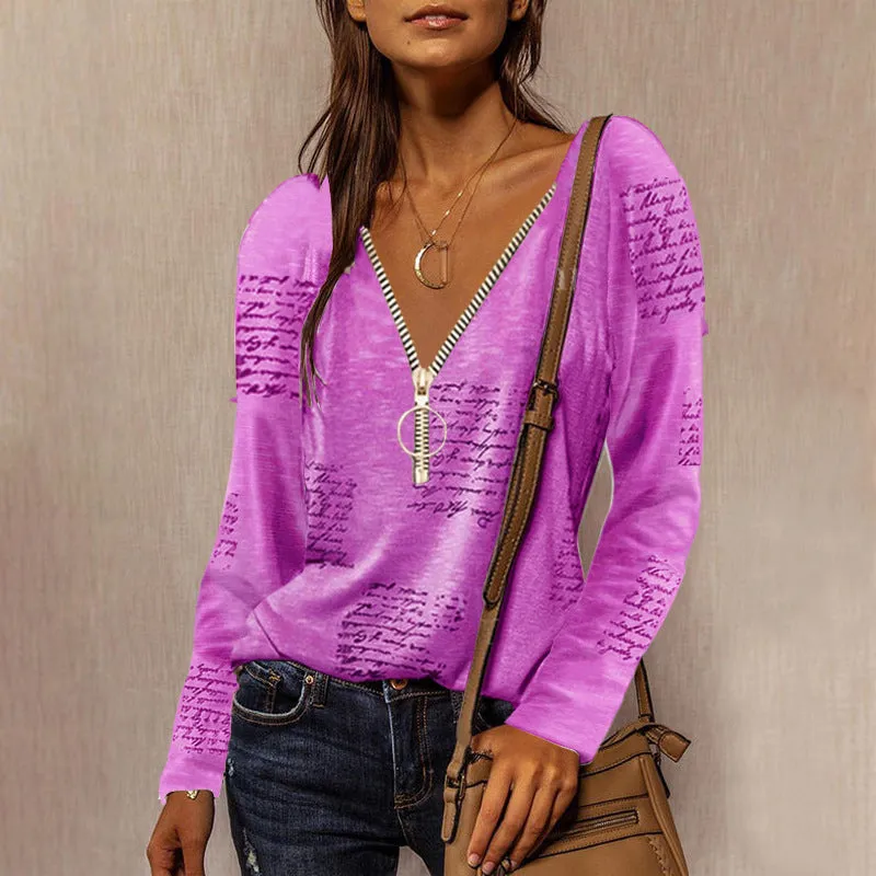 V-neck t-shirt with zip and letter print