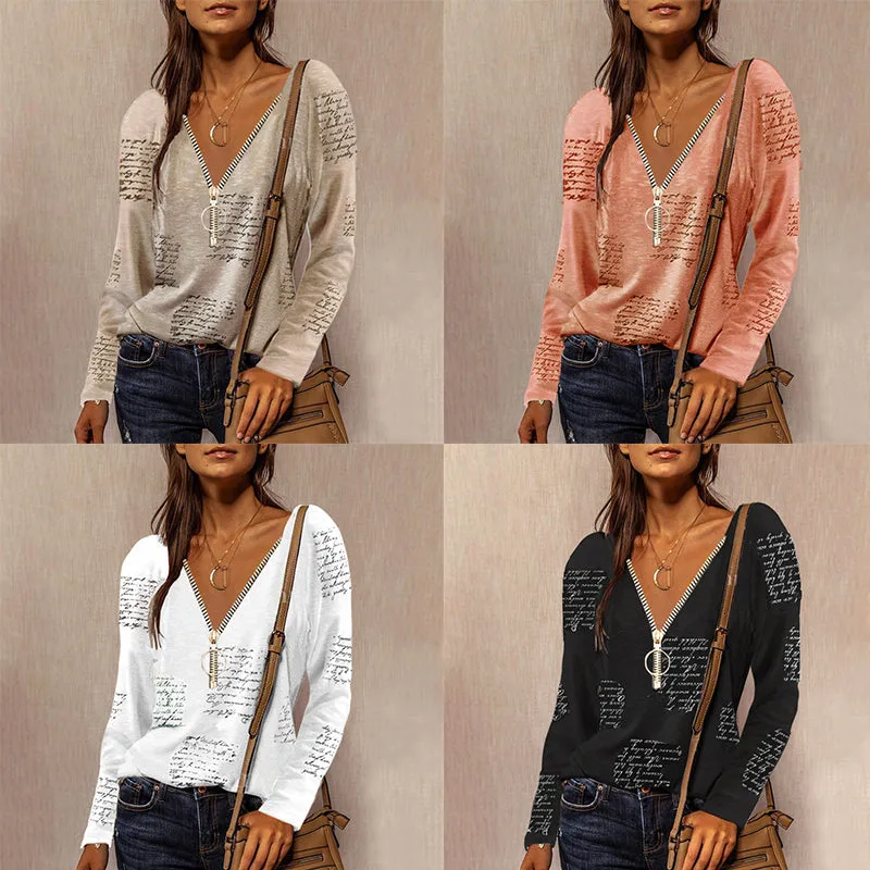 V-neck t-shirt with zip and letter print