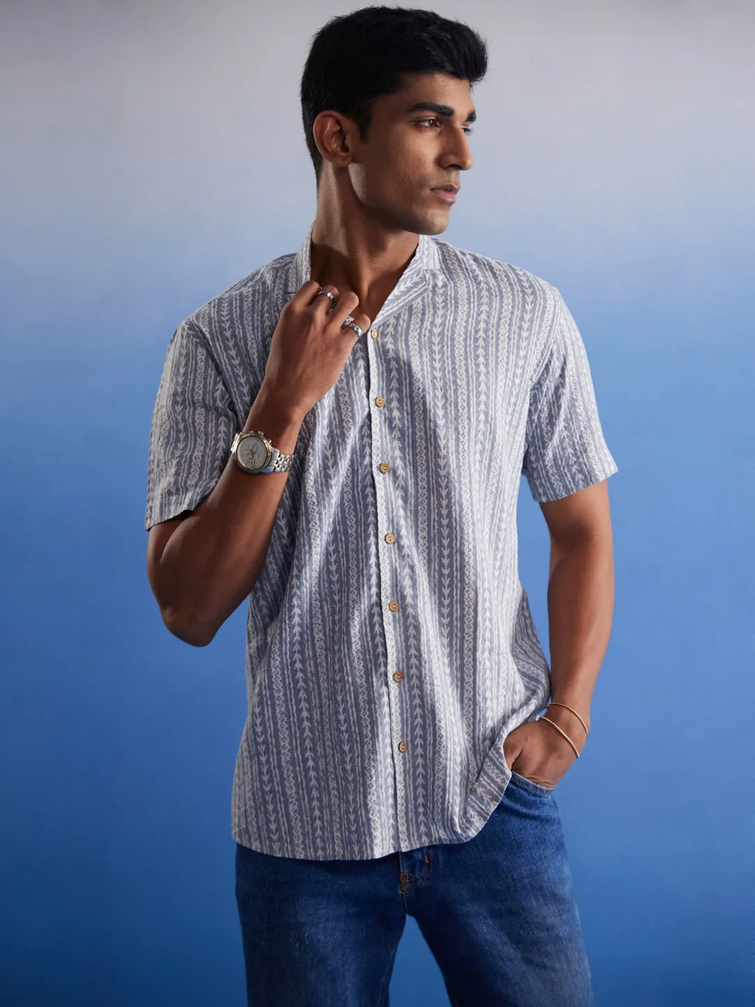 Vastramay Men's Grey Striped Woven Cotton Shirt