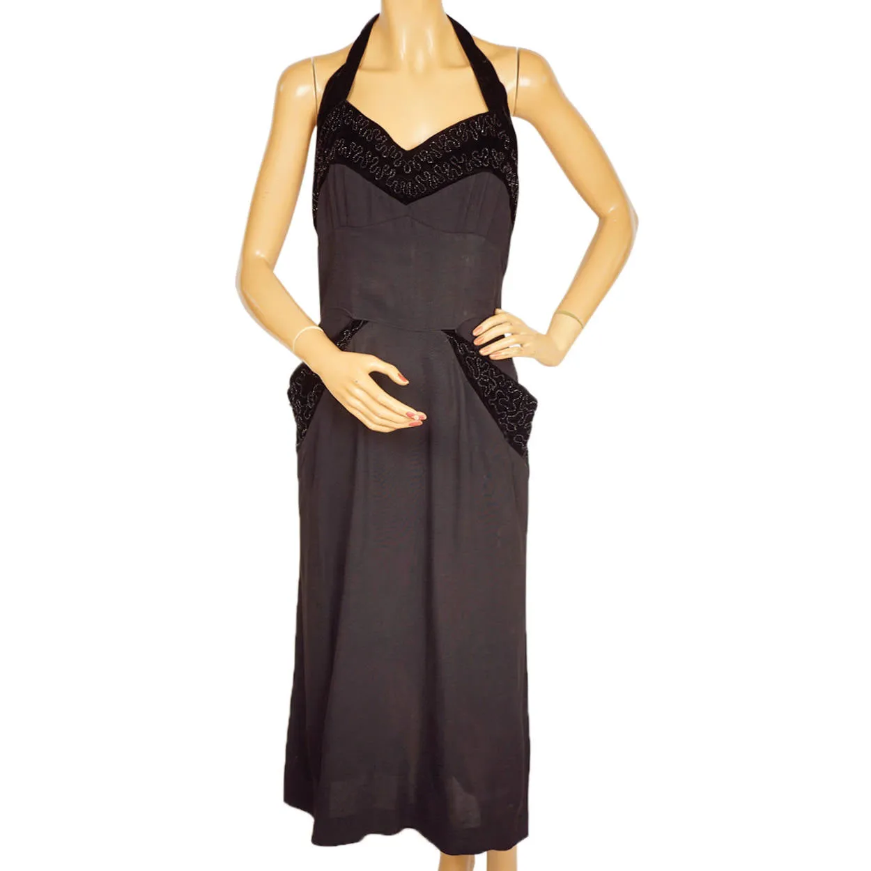 Vintage 1950s Bombshell Halter Dress Black Crepe w Beaded Velvet Size Medium