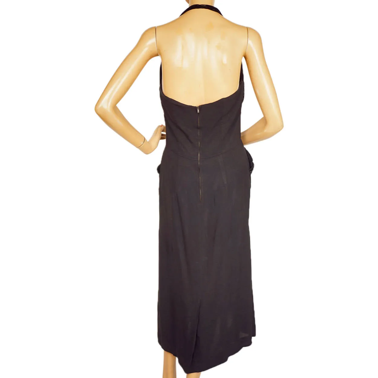 Vintage 1950s Bombshell Halter Dress Black Crepe w Beaded Velvet Size Medium