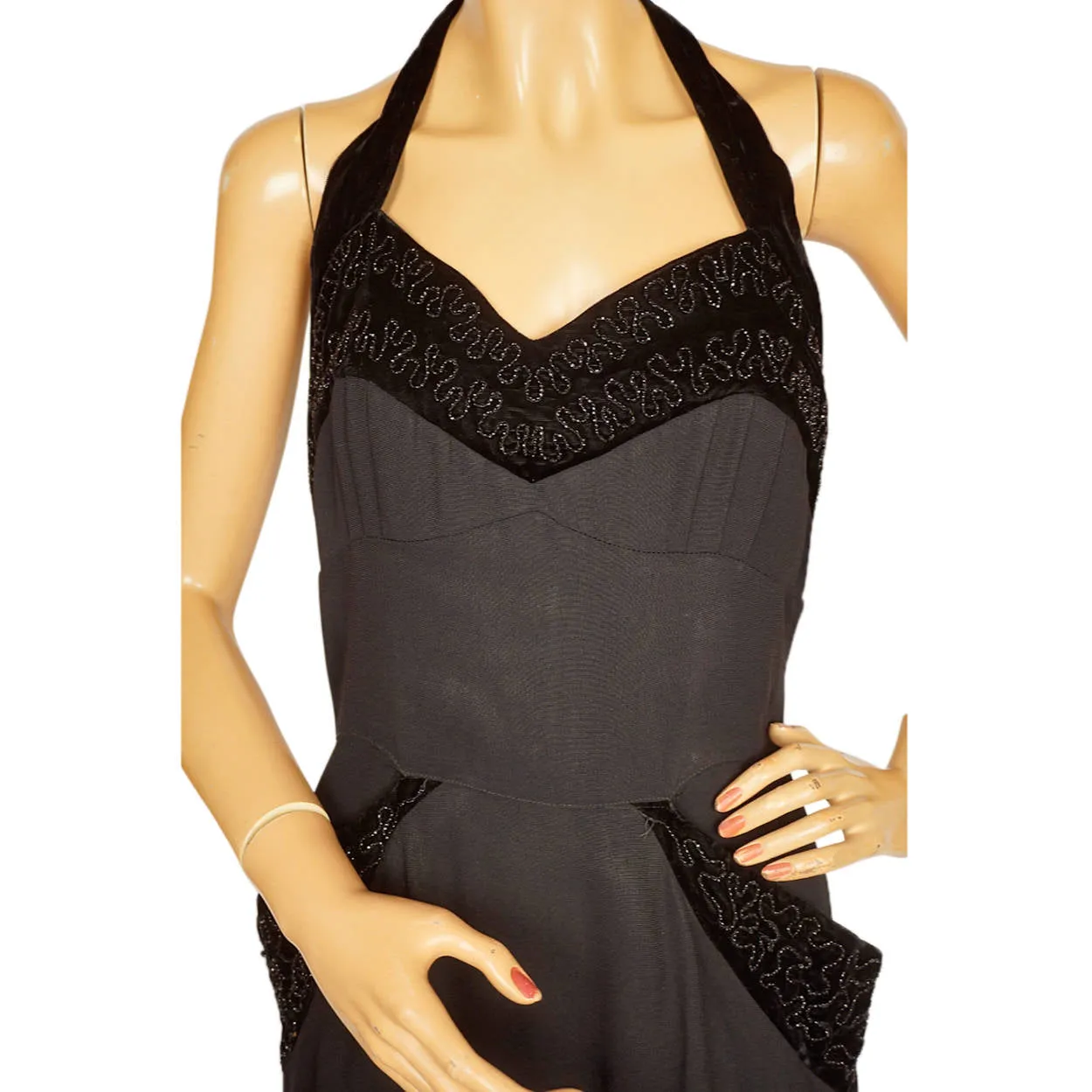 Vintage 1950s Bombshell Halter Dress Black Crepe w Beaded Velvet Size Medium