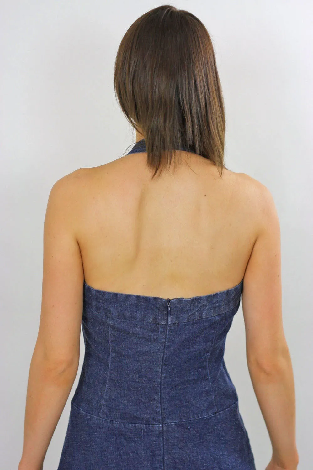 Vintage 90s Grunge Boho Denim halter mini dress