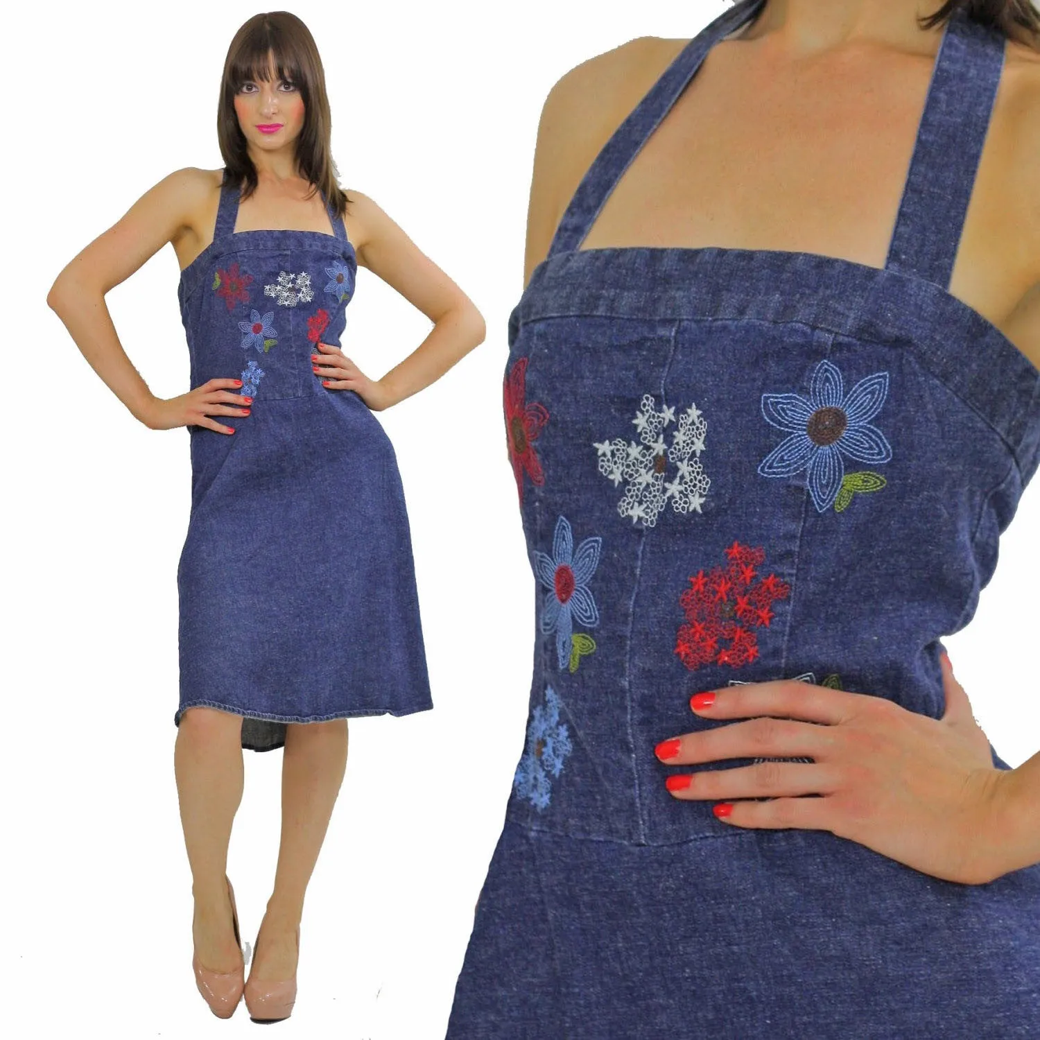 Vintage 90s Grunge Boho Denim halter mini dress