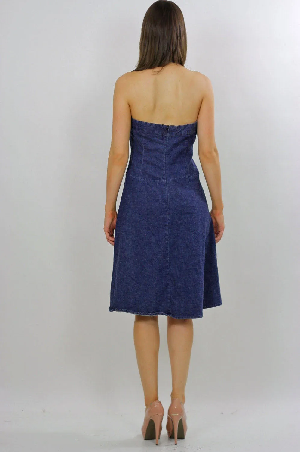 Vintage 90s Grunge Boho Denim halter mini dress