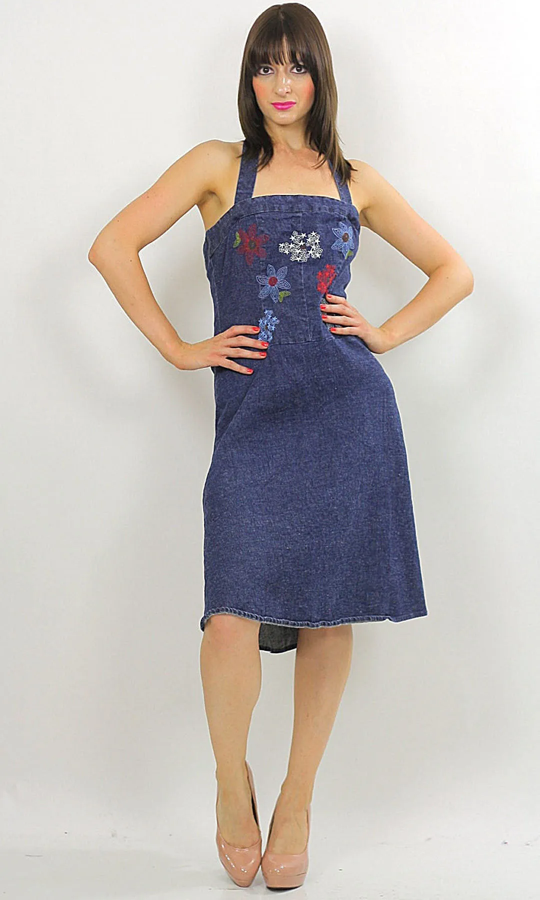 Vintage 90s Grunge Boho Denim halter mini dress