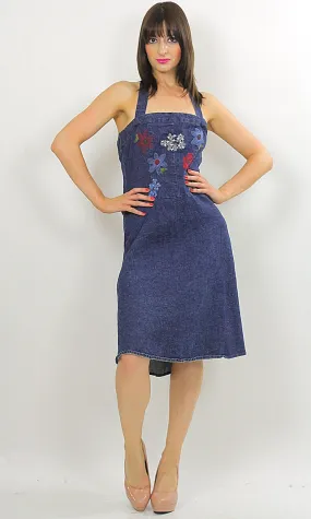 Vintage 90s Grunge Boho Denim halter mini dress