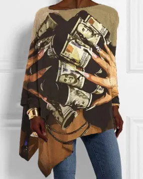 Vintage Black Dollar Hair-print Irregular Top