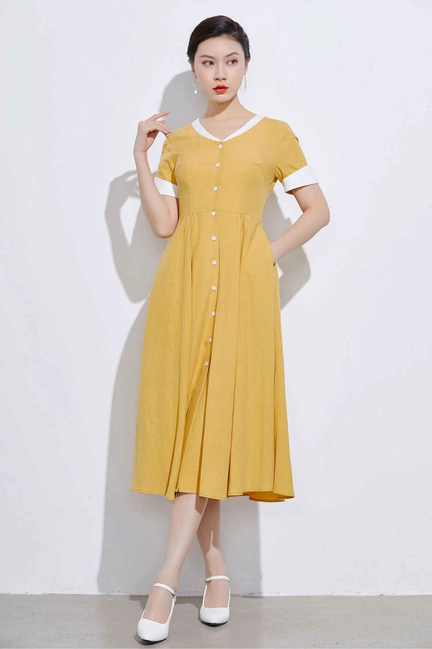 vintage inspired Yellow linen shirt dress 2317