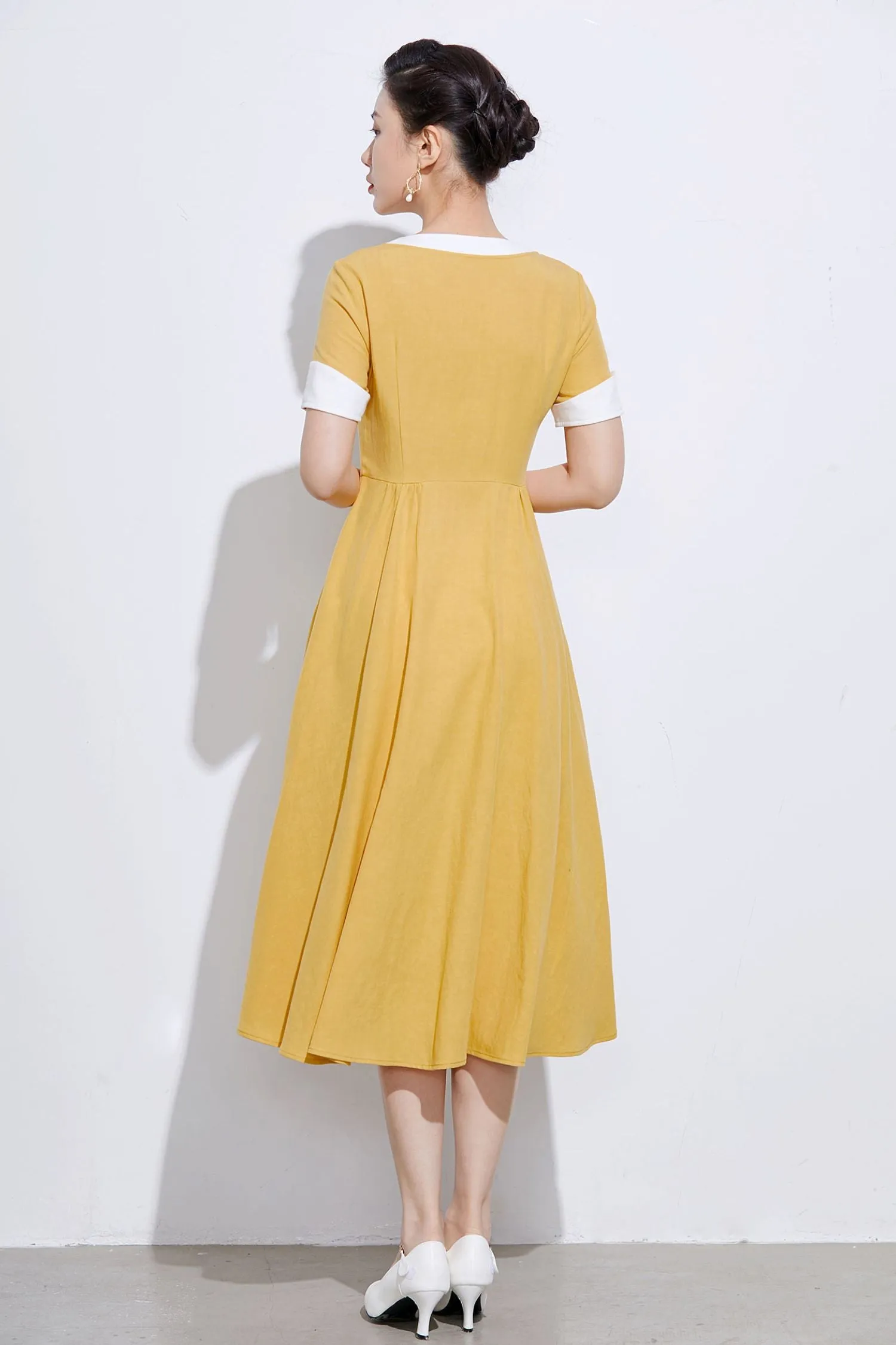 vintage inspired Yellow linen shirt dress 2317