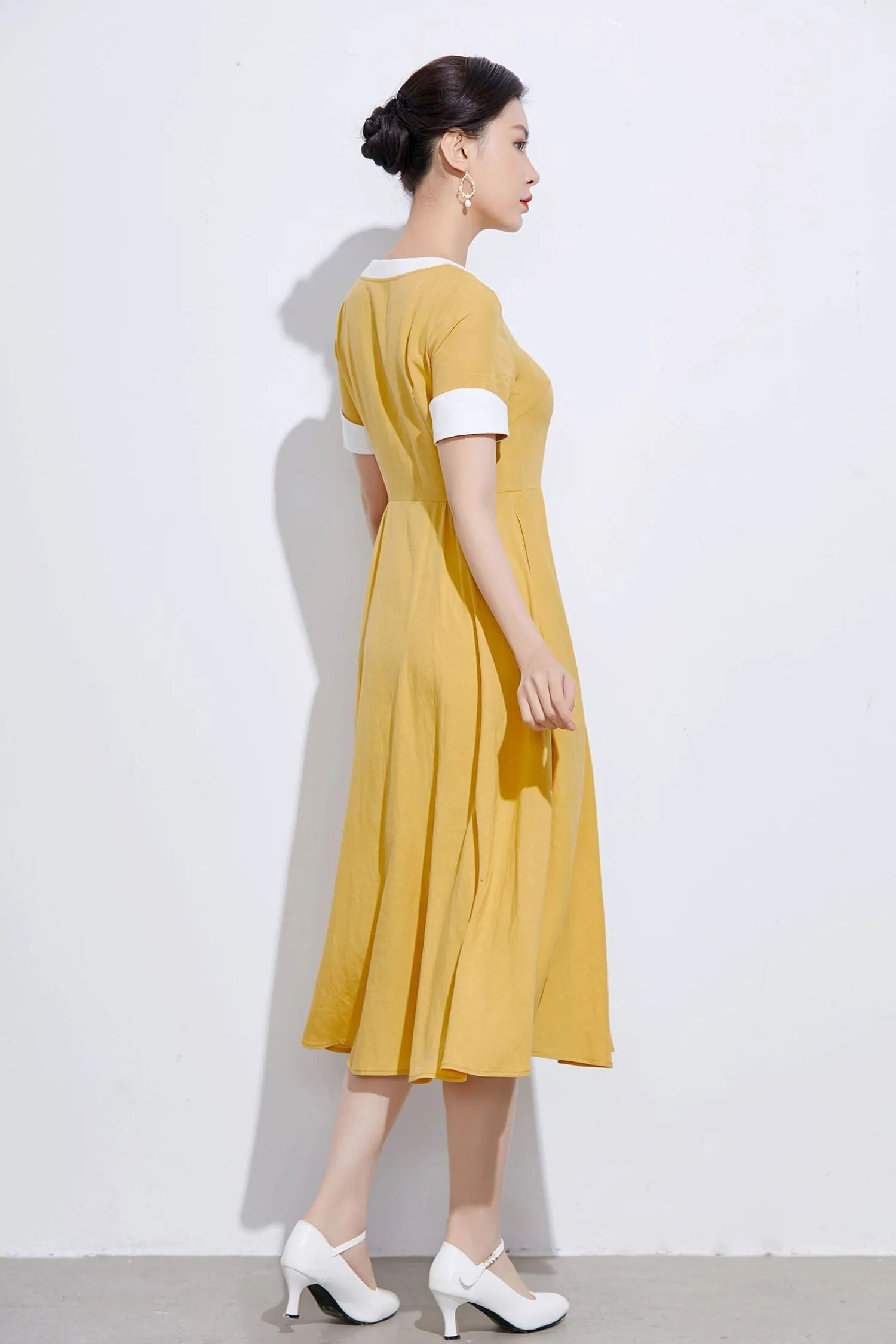 vintage inspired Yellow linen shirt dress 2317