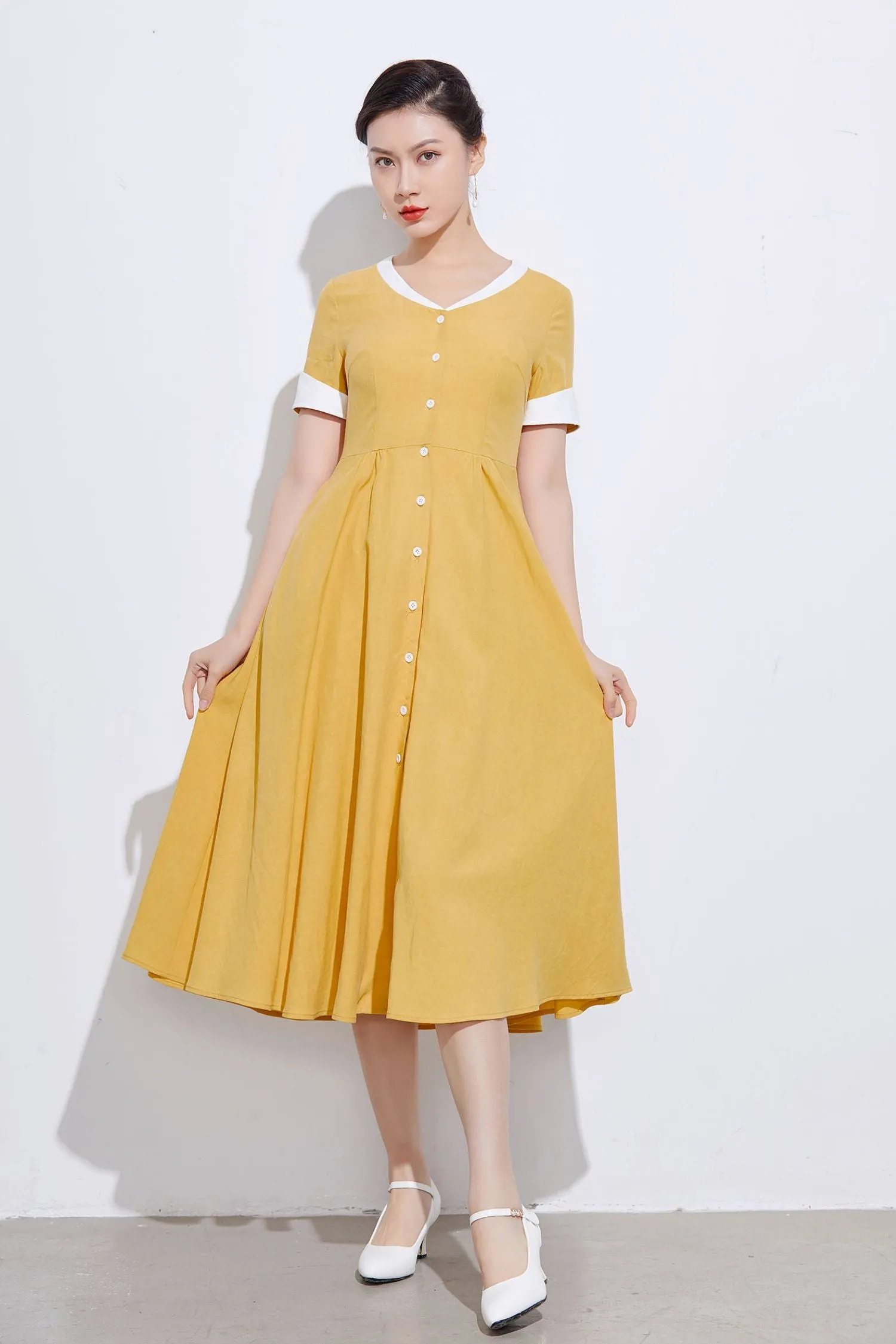 vintage inspired Yellow linen shirt dress 2317