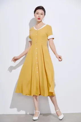 vintage inspired Yellow linen shirt dress 2317