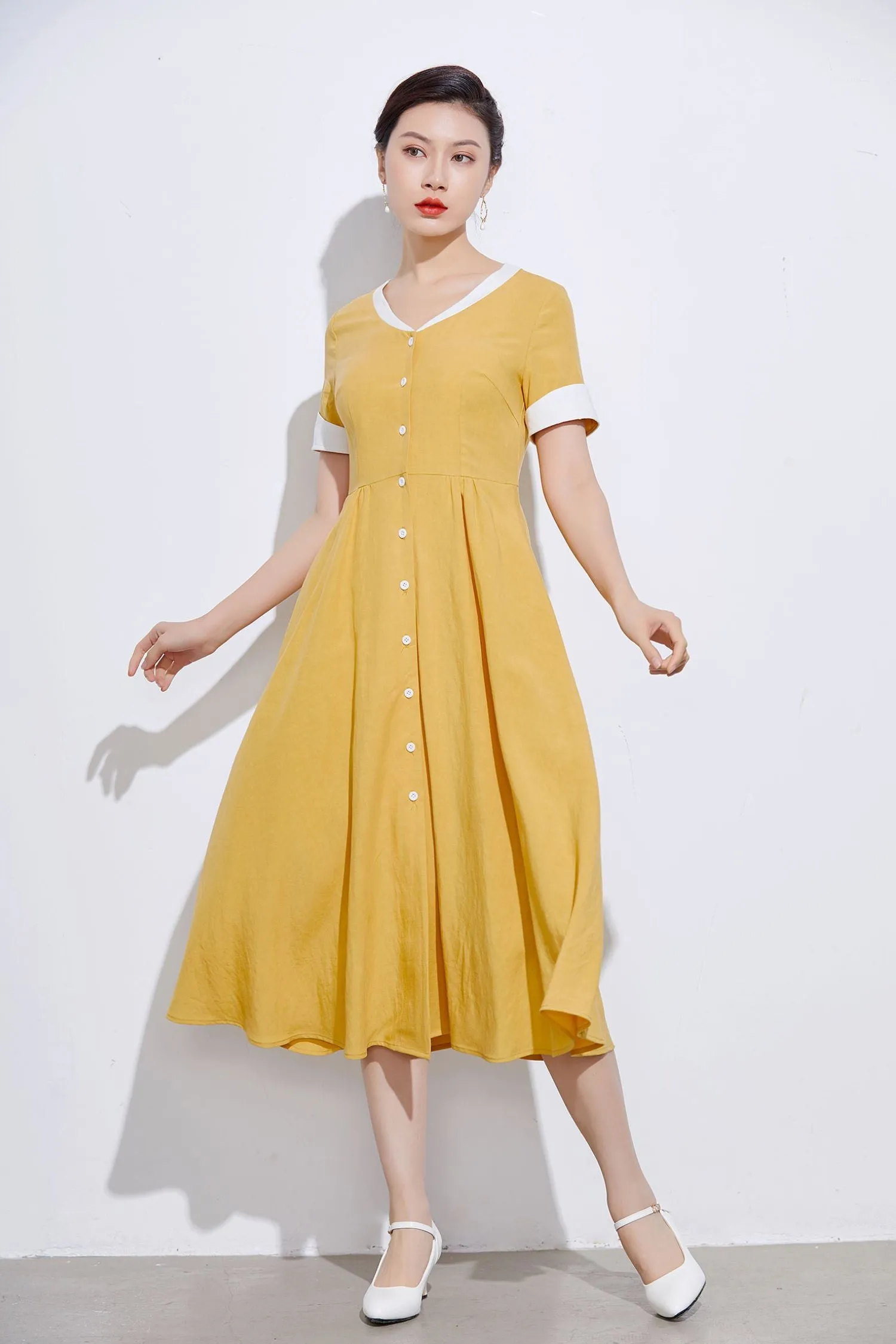 vintage inspired Yellow linen shirt dress 2317