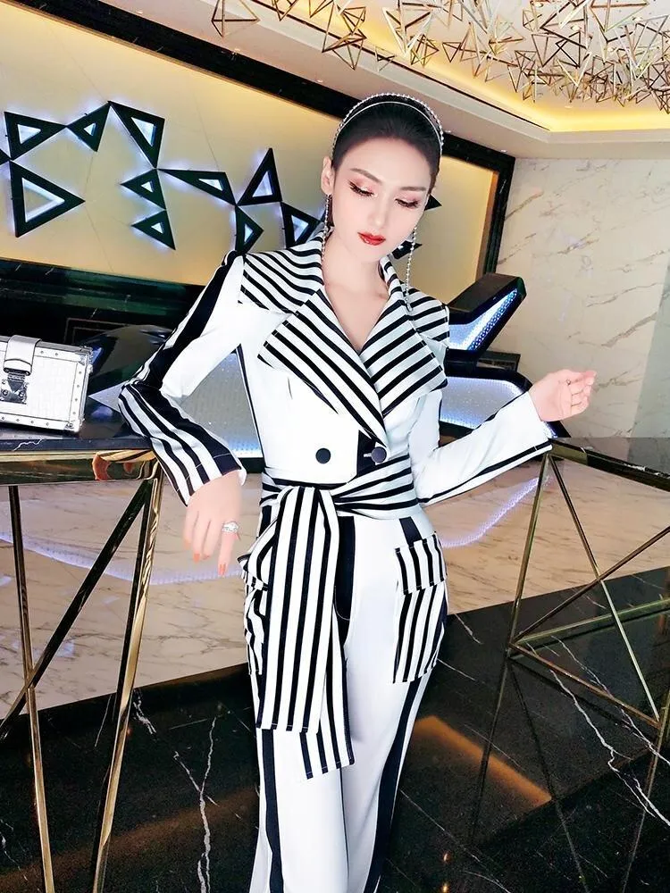 VJE spring big lapel high waist pocket 2021 striped jumpsuit -Litor