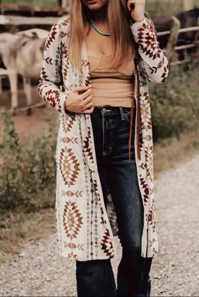 Western Aztec Open Front Long Cardigan