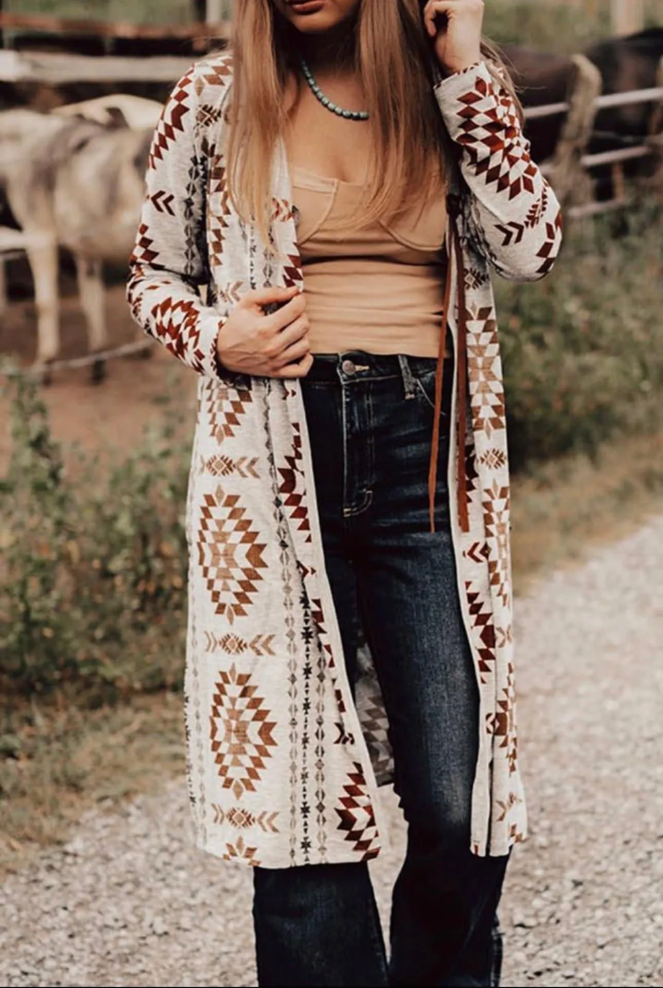 Western Aztec Open Front Long Cardigan